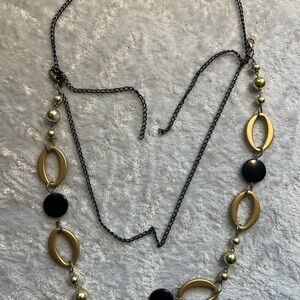 Black and Gold Asymmetrical Necklace with Matte Beads